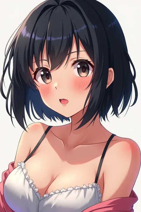  help me draw a girl with short black hair，A few muscle lines ，Blushing face，Rolling eyes， spits out his tongue ，Japanese anime style，beauty， exquisite。