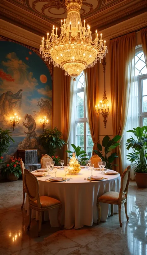 Above the table hangs an opulent chandelier made of glowing crystals, casting a warm and magical light over the room. The walls are adorned with murals of celestial skies and mythical creatures, while tall arched windows allow natural light to stream in, f...