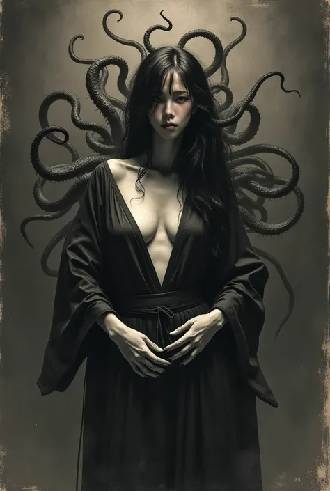 Whore, Black and white photos, Horror Atmosphere, Cthulhu, Tentacles, Mythic Creature Backgrounds, 60s horror movie poster, Half and half, adult magazine model pose, traditional Korean attire, low resolution, realistic rendition, seductive expression, mono...