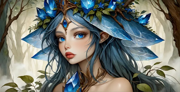 A forest nymph made from dense fog, surrounded by mist and lush vegetation. Large thick lips. Huge Crystal blue eyes. In the style of Brian Froud
