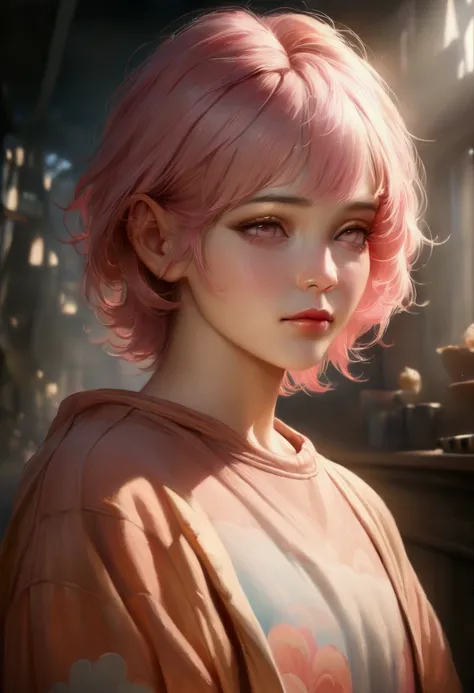 a beautiful boy, femboy, short hair, pink-haired, light blue sweatshirt with cloud print, shy face, highly detailed, photorealistic, 8k, (best quality:1.4), (masterpiece:1.3), (realistic:1.2), (cinematic lighting:1.1), concept art, soft lighting, warm colo...