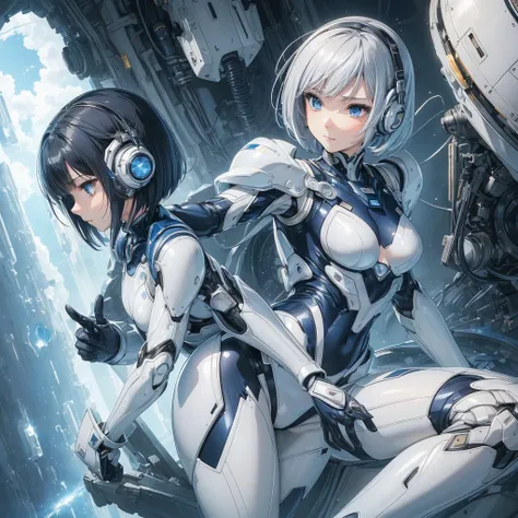 (masterpiece、 best quality、 highest resolution、Clear_image、Detailed details): (Whole body、A 20 year old girl、Japanese Faces、 small face、 slender、 dark blue super short bob cut hair、(Hidden small breasts:1.3)、 Sparkling Blue Eyes 、Shiny pilot suit in white,...