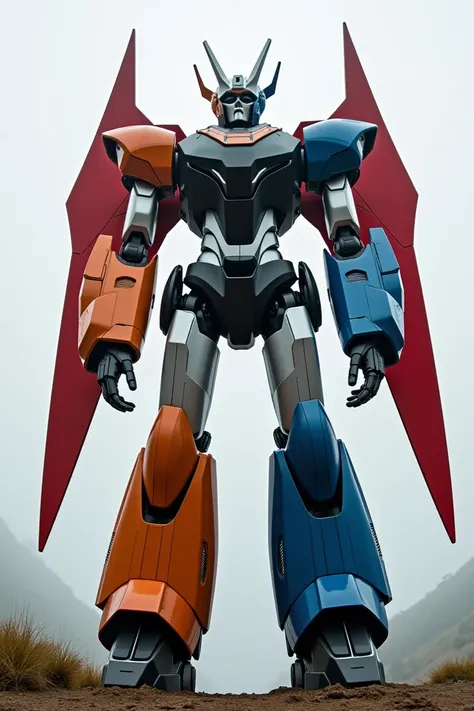  Giant robot with orange left arm, blue right arm , black torso ,  silver legs ,  red metallic wings ,  humanoid metallic face 