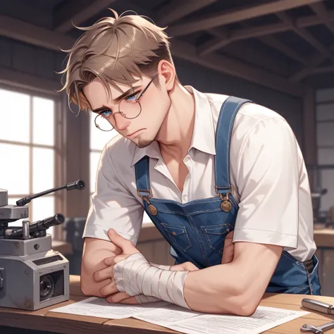 a french man around forty years old and extremely tall and skinny , he wears a dirty white shirt and a dirty yellow mechanics overalls on top, he looks sad and tired, he is sitting on a wooden table staring at some drafted papers with his head resting on h...