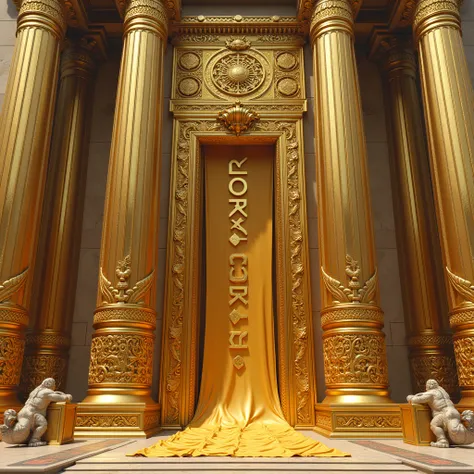 A magnificent and enormous historical monument decorated with gold and jewels, with tall columns and a large silk cloth installed on its door with the words KOR PROTOCOL written on it.