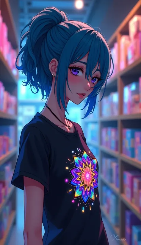 a woman in a store, epic light novel art cover, glowing black aura, card template, cyberpunk dyed haircut, T shirt made of multicolored crystals, ssr card, adorable glowing creature, multicolored tshirt art, exploitable image, beautiful blue haired girl, [...