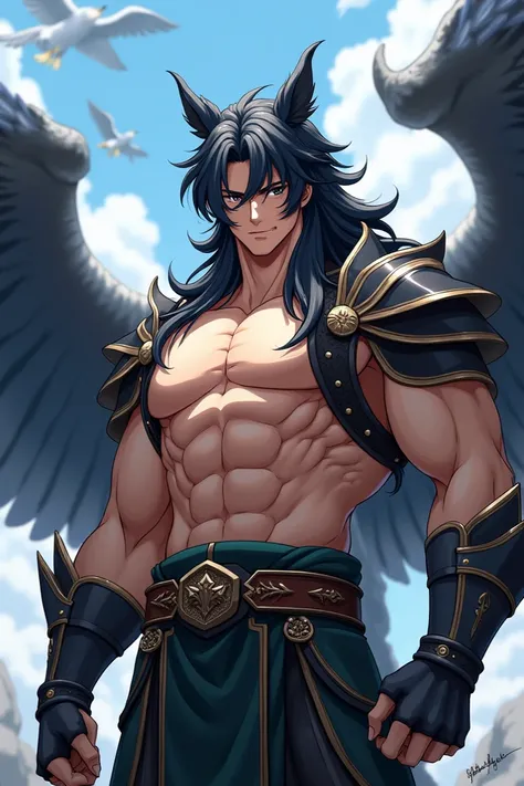  Hero anime character Muscular and defined intelligent mido1 80 black hair with big locks in the front black eyes,  deep and kind look  , "definite mesomorph "  with a Pegasus theme 