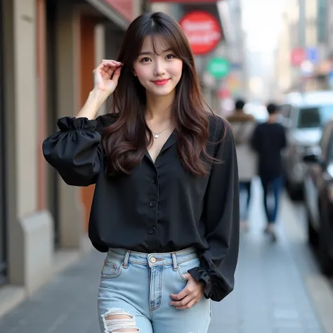  Moon Ga-young has white pink cheeks , pink lip gloss on the lips ,  wearing light ripped jeans ,  a black Dior blouse and wearing white sneakers,  a hand is in the hair ,  smooth dark brown hair with fringe  ,  on a famous street in Korea  