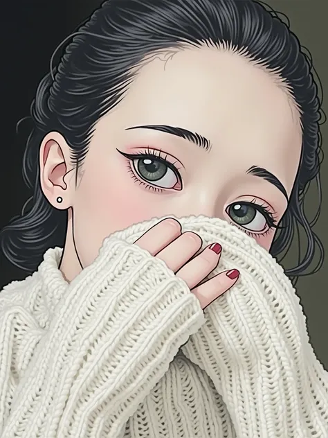 Woman hiding her mouth in a knitted sweater。