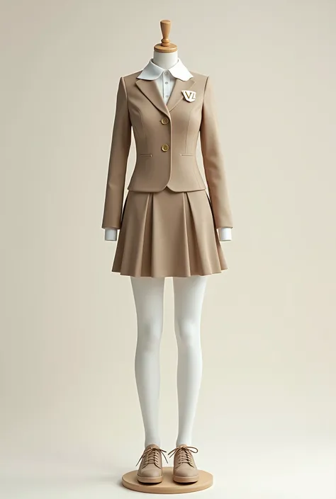  Create a school uniform with beige and white colors and a badge next to the heart with the initials "Lv" that looks aesthetic and modern  (a female model ) without human body (on mannequin) with short skirt and brown low-heeled sneakers and knee-length wh...