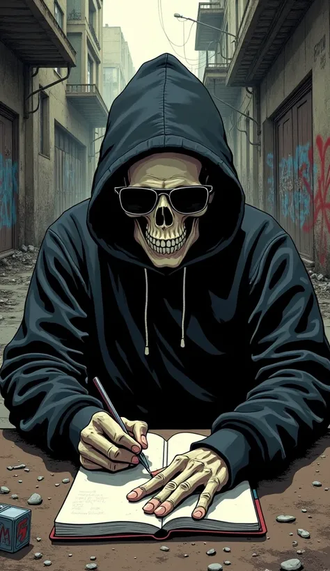 The image shows an illustration of a skull wearing a black hoodie, black hood, sunglasses, writing in a notebook, very stylish in a sordid city. Sarcastic image.
