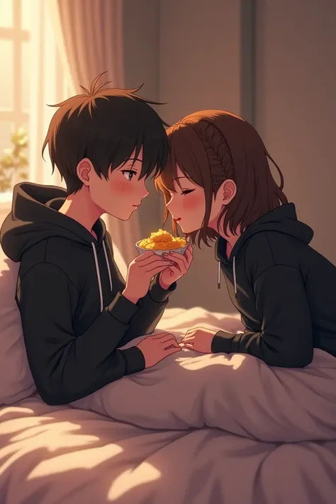 Anime girl and boy on bed with each other eating rasmalai and wear a black hoodie