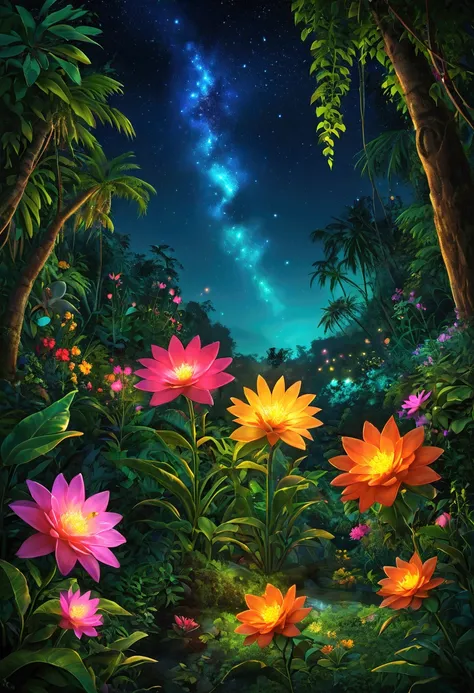  Viral anime nature wallpaper in 4K quality, in the style of illustration inspired by Akira Toriyama, featuring a fantastical jungle with oversized plants, vibrant flowers, and exotic animals; bright and playful color temperature, cosmos lighting with star...