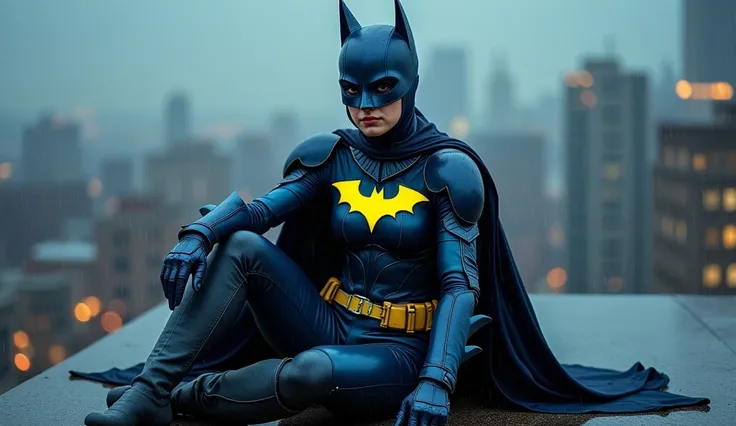 Batgirl, solo, wearing Batgirl armor that completely covers the whole body, armor, batgirl style helmet to hide eyes, metallic dark blue armor, Armor that completely covers the chest, thin and long legs, Vibrant posel body view, yellow neon bat symbol on c...