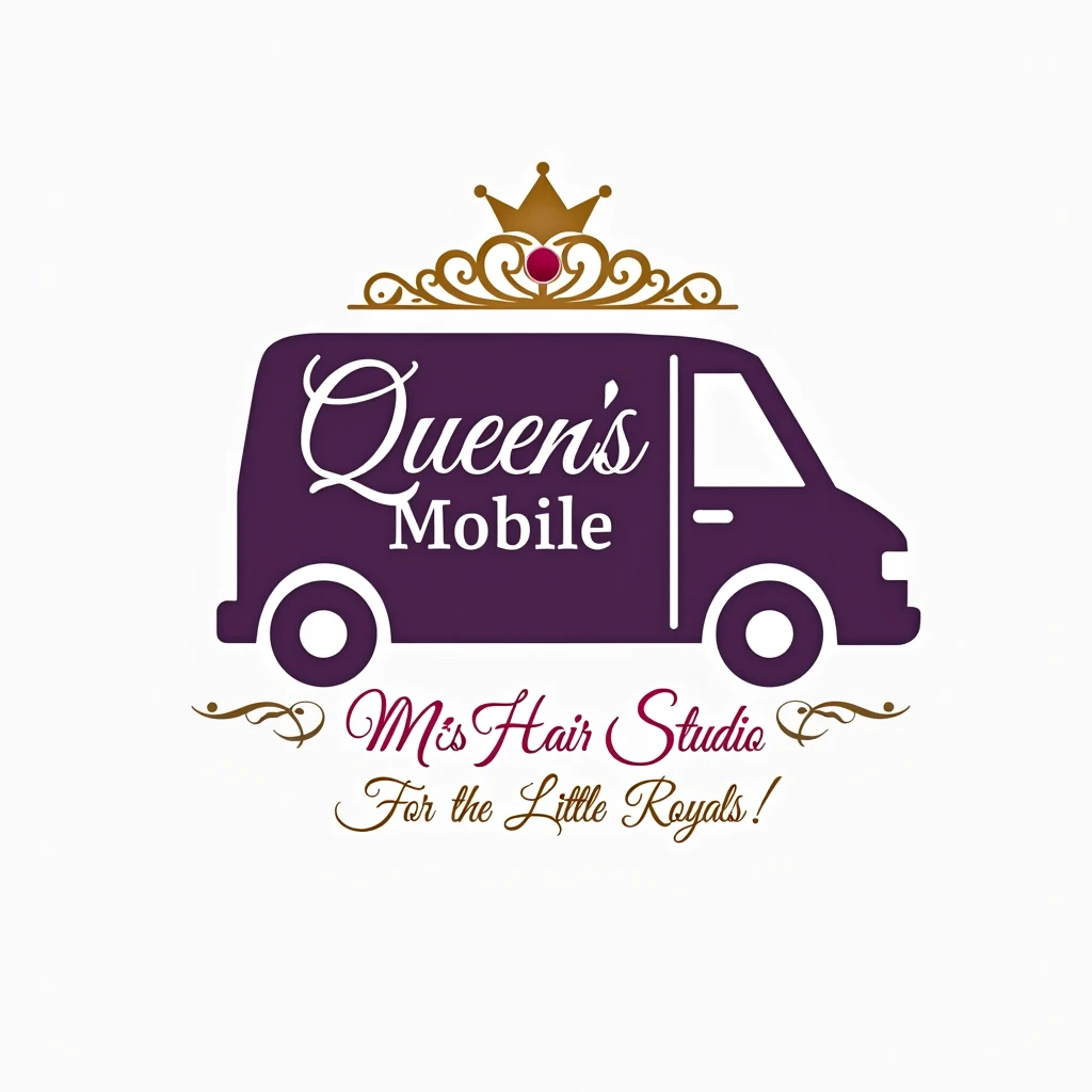 Queens Mobile Hair Studio Logo
Visuals: A mobile hairdressing van designed as a royal carriage, with a little tiara on top. The logo should have a mix of royal colors like purple, gold, and soft pink. "Queens Mobile" in cursive or elegant script and "Hair ...