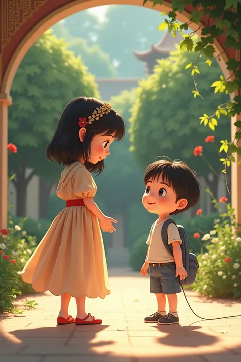 Animation of a short-haired girl who is the daughter of a rich businessman and a boy who is the son of their servant who just came home from playing kites in the afternoon