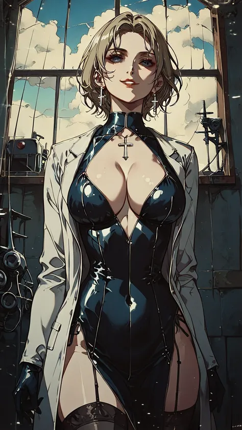 Whales of the rake, the girl is standing, cowboy shot,  1girl,  mature woman, One,  look at the viewer, smirk,  red ,  blond hair,  Short hair,  blue eyes , pomade, cross earrings ,  lab coat, latex dress,  black stockings, curved,  big breasts , cleavage,...