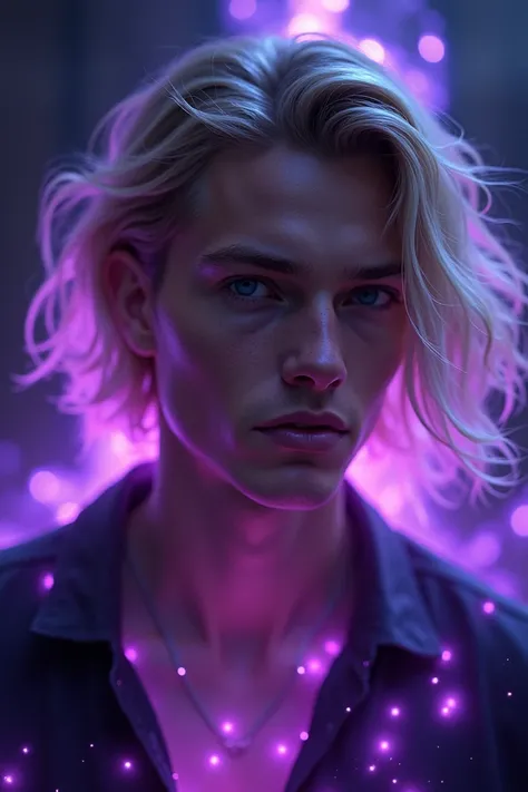  A male character, light skinned, With blond hair and purple lights