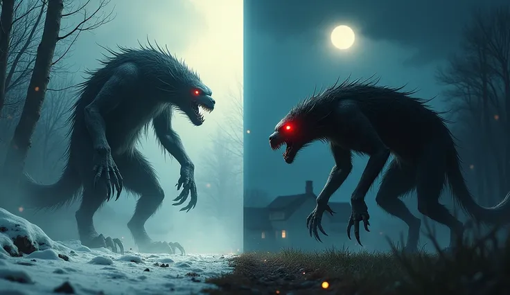 visual:

 Divide the miniature into two parts ,  with a mysterious and dark background for each side .
Left Side: The Wendigo in the spotlight ,  with glowing eyes and menacing claws ,  surrounded by a snowy and hazy forest .
 right side :  The Chupacabra ...