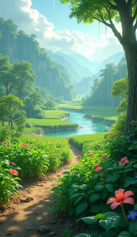 "Depict a vibrant and flourishing landscape after a rejuvenating rainfall. The scene features lush, green fields brimming with healthy crops, sparkling droplets on leaves, and rivers flowing with crystal-clear water. The once-parched earth is now rich and ...