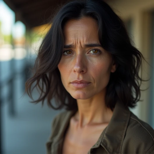 Attractive Argentinian woman, round face, 40 years old, light brown eyes, black short shoulder-length wavy hair. In the city.  Sad expression. Shoulders and face facing forward, looking to the camera.. Portrait.