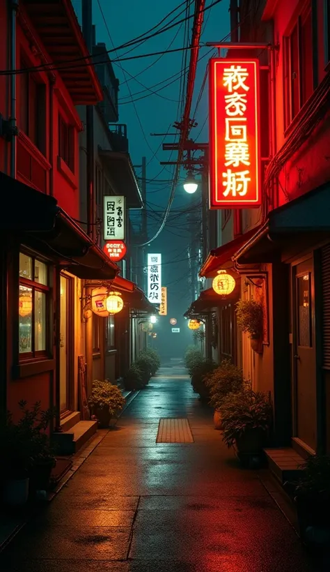 An empty street at night in Tokyo cozy neon vintage amber
