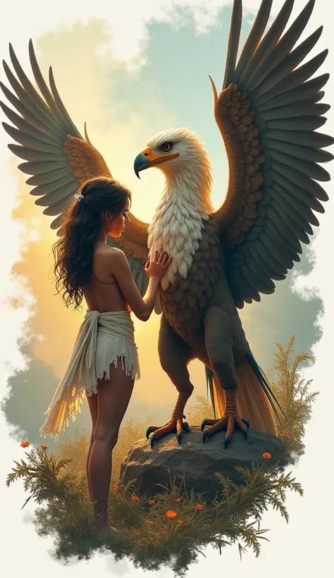 Conceptual art. Double exposure collage. Vignette. 3D color sketch. Sticker. 16K. UHD. high quality, photorealism. Thematic background. Mysticism. . Cute Amazon tames the griffin. Style by Boris Vallejo. Stunning full color design, sharp focus, intricate d...