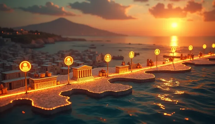 Depict a dynamic timeline showing Ancient Greeces rise to power. Start with small village settlements transitioning into grand city-states like Athens and Sparta, each marked on a glowing map of Greece. Highlight key moments with animated icons: a marble t...