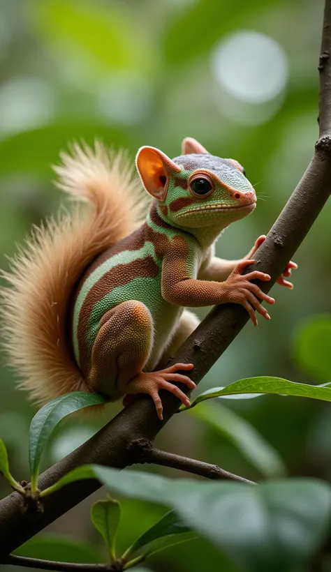 "Create a hyper-realistic image of a hybrid mutant combining a baby chameleon and a baby squirrel in a forest. The hybrid has the soft, fluffy tail of a squirrel but the textured, colorful scales of a chameleon on its body. Its face blends the big eyes of ...