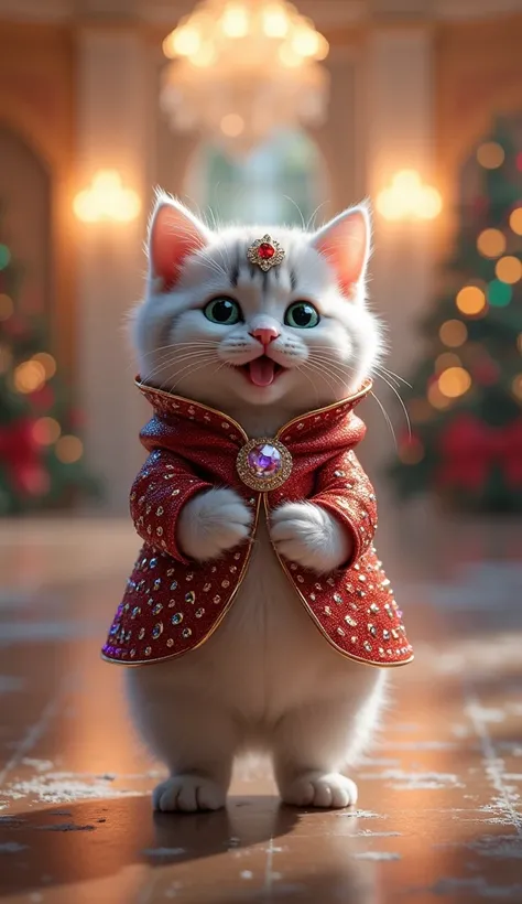 " Create an ultra-realistic and visually impressive baby cat standing on its hind legs, happy ,  wearing an extravagant and glamorous costume designed to capture attention .  The baby cat has a soft silver and white fur ,  bright green eyes ,  and a playfu...