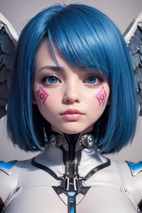 bangs! robot arms! angel wings, iridescent! closeup! light baby blue hair, cloud background, masterpiece, cyborg, 19 year old young woman, by Franois Quesnel, best quality, epic, cinematic! sharp focus, 8k, extremely detailed swords! photo realistic, sword...