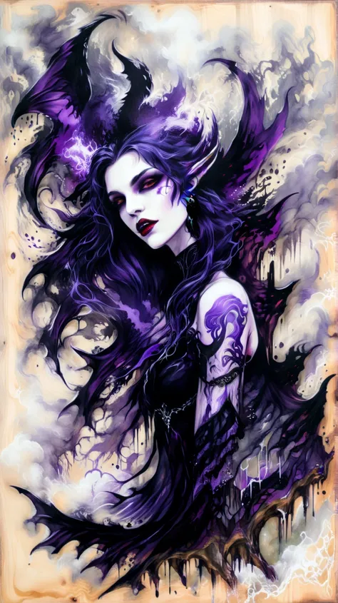 Ink and acrylic paint illustration on wood. In the midst of a fantasy realm with dragon, (a mysterious (vampire)). purple and black. gothic aesthetic. seductive.