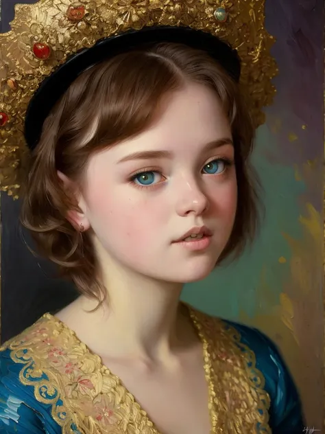 1 dreamy teen Jessica Reynolds with big eyes and short red hair ((ilya repin style)), ((  oil painting  )),  very colorful   ,   supreme detail , ((masterpiece)),
 ((Single shot)), impression, perspective, 8 thousand.