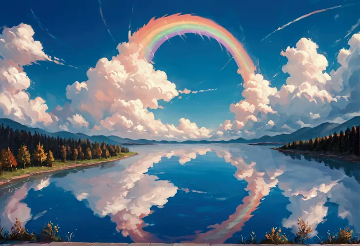 score_9, score_8_up, score_7_up, score_6_up, score_5_up, score_4_up, fantasy art, comic art, there is a magical rainbow and white clouds, falling into a placid lake, tranquil lake, the rainbow and the clouds are reflected in the lake, National Geography ph...