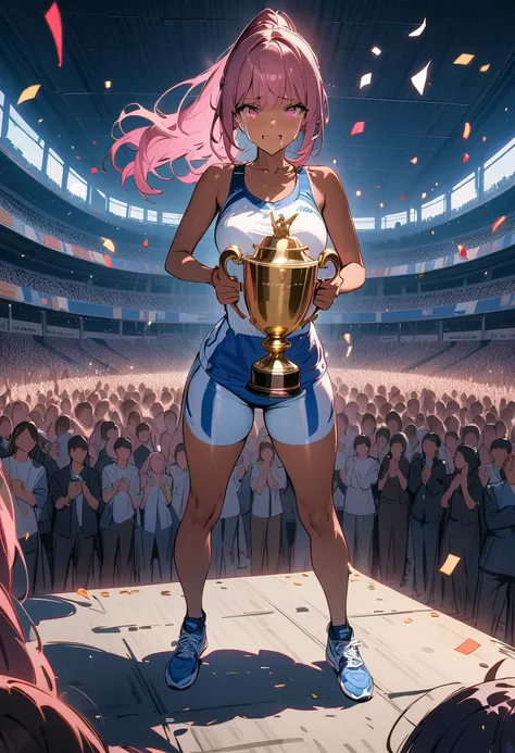 (masterpiece),(best quality),(ultra-detailed),(best illustration),(best shadow),(absurdres),(detailed background) 1 girl, dark skin, ponytail, pink hair, pink eyes, wearing a blue and white running outfit, standing on a podium, carrying a trophy, crying wi...