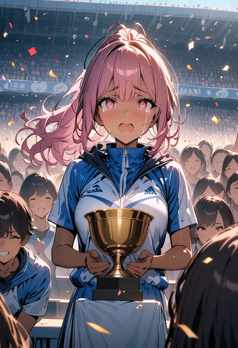 (masterpiece),(best quality),(ultra-detailed),(best illustration),(best shadow),(absurdres),(detailed background) 1 girl, dark skin, ponytail, pink hair, pink eyes, wearing a blue and white running outfit, standing on a podium, carrying a trophy, crying wi...