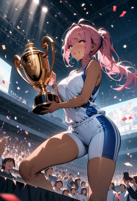 (masterpiece),(best quality),(ultra-detailed),(best illustration),(best shadow),(absurdres),(detailed background) 1 girl, dark skin, ponytail, pink hair, pink eyes, wearing a blue and white running outfit, standing on a podium, carrying a trophy, crying wi...