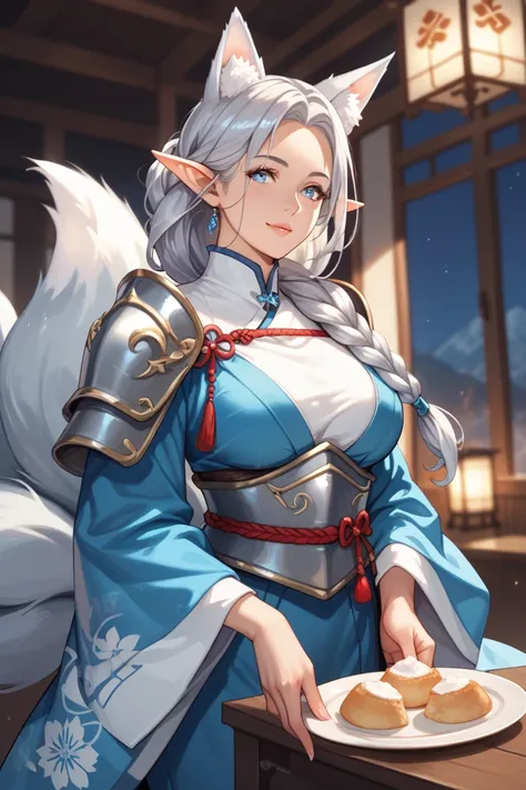 1 Mature woman, Elf, Long Braided Silver Hair, Icy Blue Eyes, Heater Shield in left hand, longsword in right hand, wearing full plate armor, No Helmet, holding 1 Mature woman, Kitsune, fox ears, ebony Skin, gray eyes, wearing mignight blue  kimono