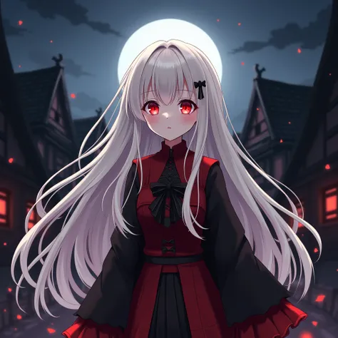  long hair,  looks at the viewer , 1 girl,  blond hair,  Red eyes,  Very long hair ,  white hair , anime, bright character , Vampire, black and red clothes , good, white moon,  white hair , anime,  remote camera , against the backdrop of the village, крыль...