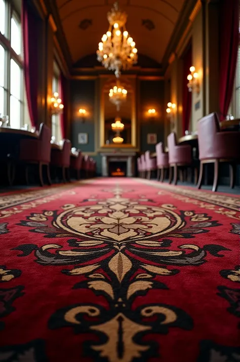 Gothic style restaurant carpet, close up view from above