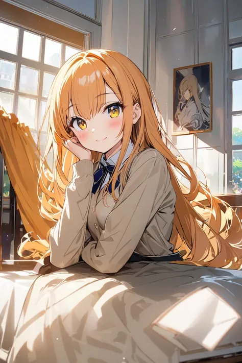 figure sitting on chair at table, 1 girl, solo, long hair, sitting, breasts, looking at viewer, curtains, school uniform, long sleeves, very long hair, window, indoors, blush, smile, shirt, orange hair and golden yellow eyes