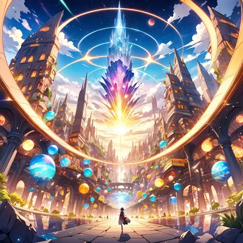 rich in flawless detail in full HD anime style yusuke murata art city of stones with technology built in the middle of the runines with more life more colors a relaxing city calm clouds in a fantasy world with giant stars made of suns spreading energy and ...