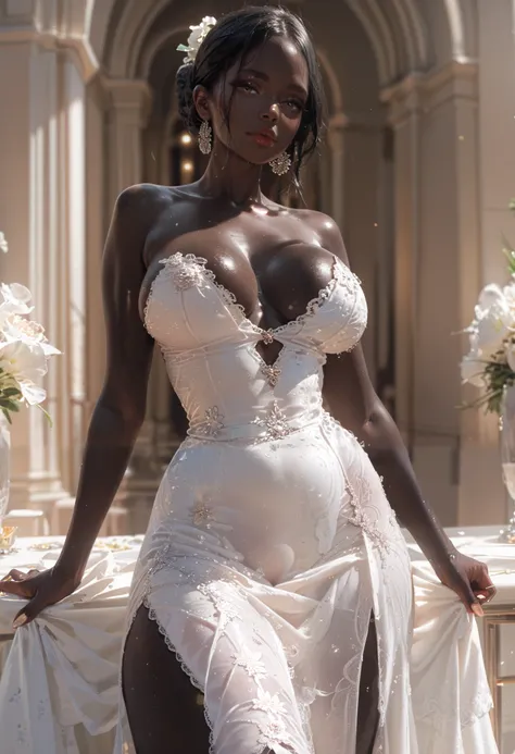 Beauty black women, black skin, white dress, big breasts