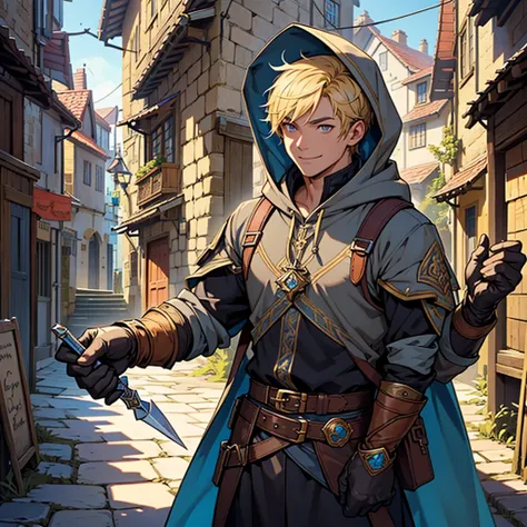 A fantasy-style character illustration featuring a charming, young adventurer with short blonde hair and bright golden eyes. The character wears a light gray hooded cloak adorned with intricate embroidery and carries a large adventurers backpack filled wit...