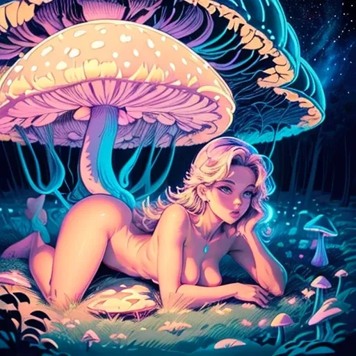 A beautiful design in vaporwave style, beautiful nude woman laying in a field of mushrooms with smoke trailing of into a surreal night sky, magical twinkling stars, glowing, simple background, full body, view from above, dynamic angle, dynamic lighting 
