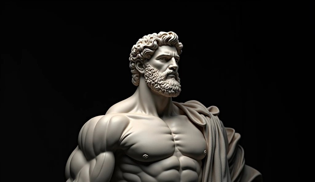 Hercules-like Greek statue, close-up, 8k, black background