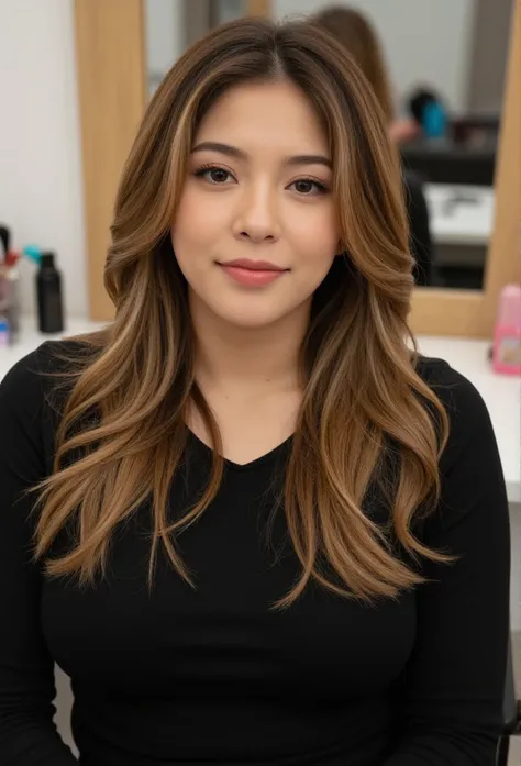 Latina woman in her late 20s, wavy ombré hair, freshfaced makeup, wearing a chic black top, professional expression, salon environment with styling tools in background