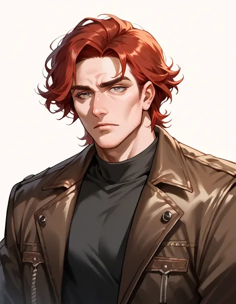 Semi realism, young man, wiry build, slouched posture, pale complexion, sharp jawline, stubble, dark brown hair, unkempt hair, shoulder length hair, grey eyes, faded leather jacket, old thrifted clothes, messy bedroom background, full body