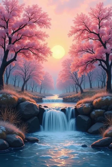 High Resolution, Minimalism, Impressionism, Abstractionism, Masterpiece, Action Painting, Anatomically Correct, Best Quality, Depth Of Field, beautiful nature , small water falls , cherry trees , cold weather , sun set , 