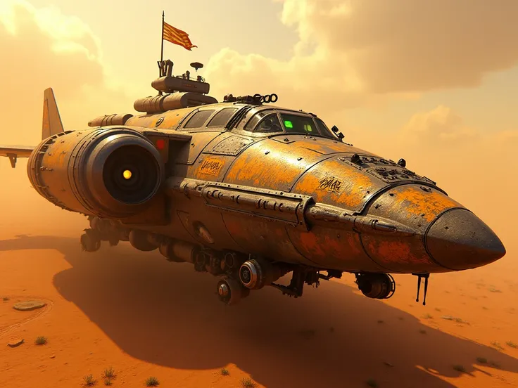 Medium Patrol Craft | (futuristic warplane design:1.3) | handbuilt by local entrepreneurs in a post-apocalyptic world | heavily inspired by (Mad Max aesthetics:1.3) | rugged, battle-scarred metallic exterior | improvised armor plating | exposed machinery a...